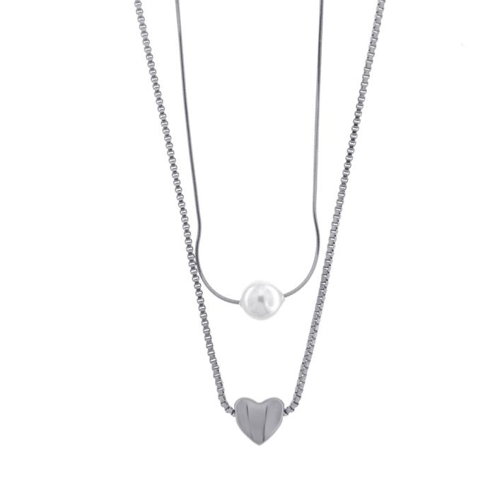 Collana in Acciaio doppia catena con perla e cuore