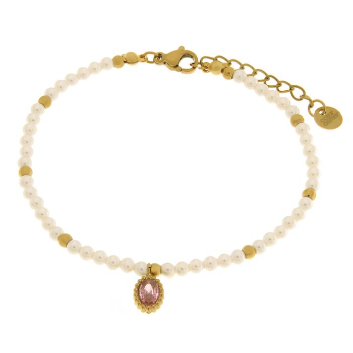 Bracciale in Acciaio con giro di perle e cristallo ovale rosa