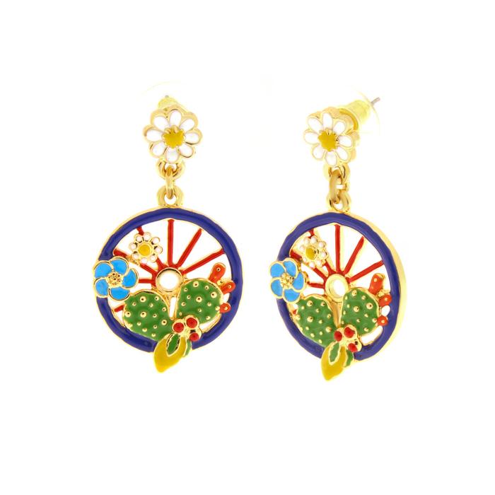 Boucles d'oreilles en métal avec roue bleue ornée de cactus, de citrons et de fleurs