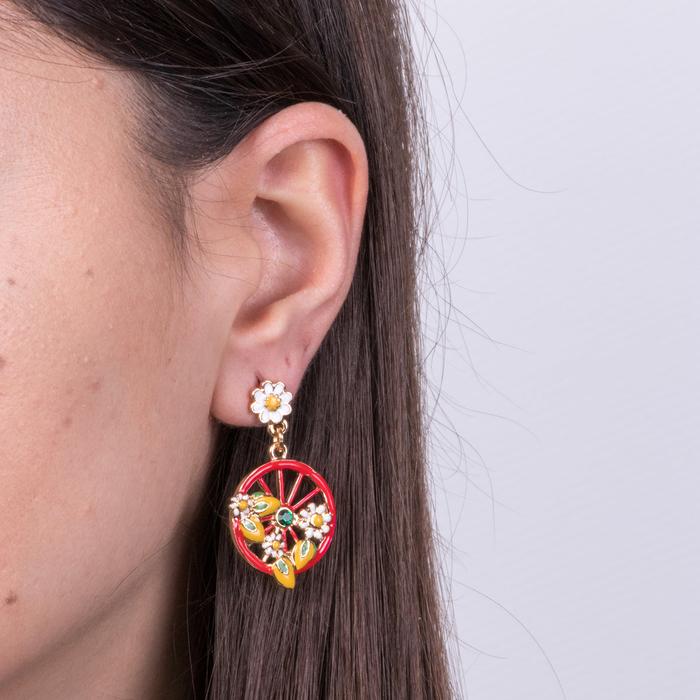 Boucles d'oreilles en métal avec roue rouge ornée de citrons et de fleurs