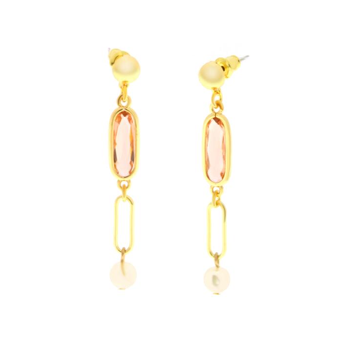 Boucles d'oreilles en métal avec cristaux roses et perle blanche