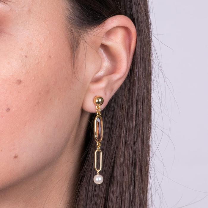 Boucles d'oreilles en métal avec cristaux roses et perle blanche