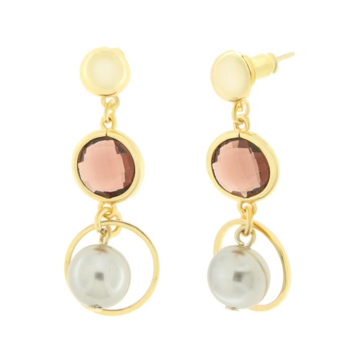 Boucles d'oreilles en métal et cristal marron avec pendentifs créoles et perles