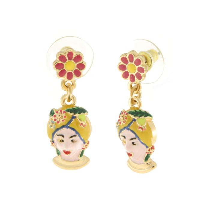 Orecchini in Metallo con Testa di Moro gialla e fiore