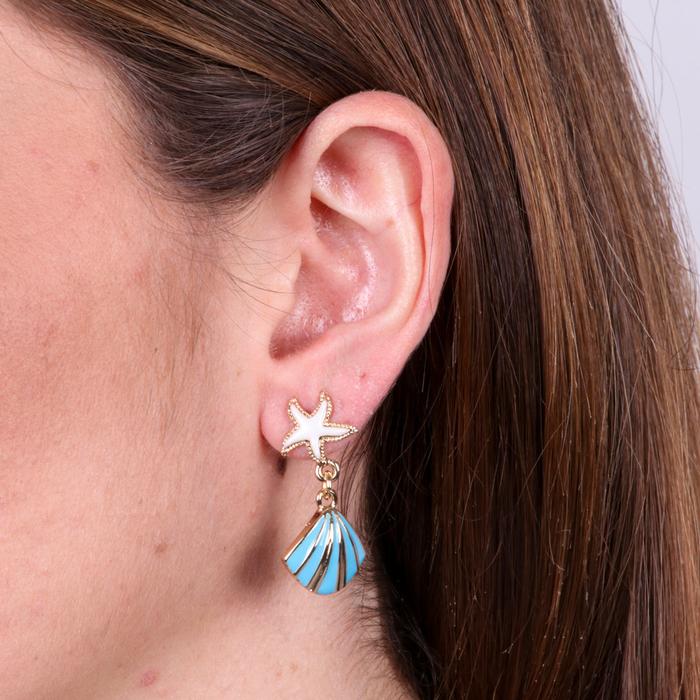 Orecchini in Metallo con conchiglia turchese e stella marina bianca a lobo