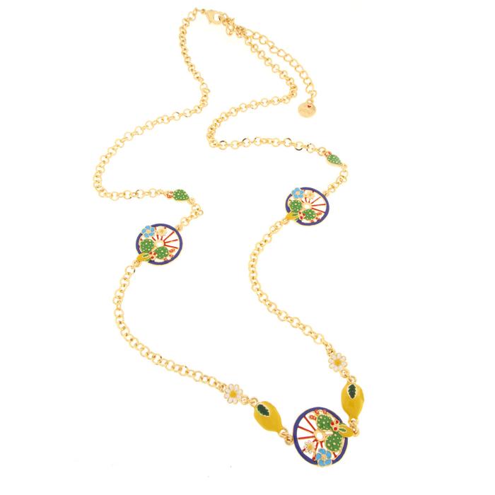 Collana in Metallo con ruote blu impreziosita da cactus, limoni e fiori