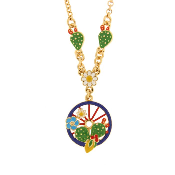 Collier en métal avec roue bleue ornée de cactus, citrons et fleurs