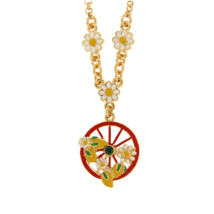 Collana in Metallo con ruota rossa impreziosita da limoni e fiori