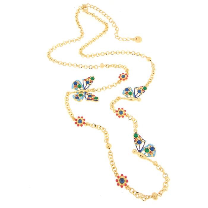 Collier en métal avec papillon multicolore et fleurs rouges