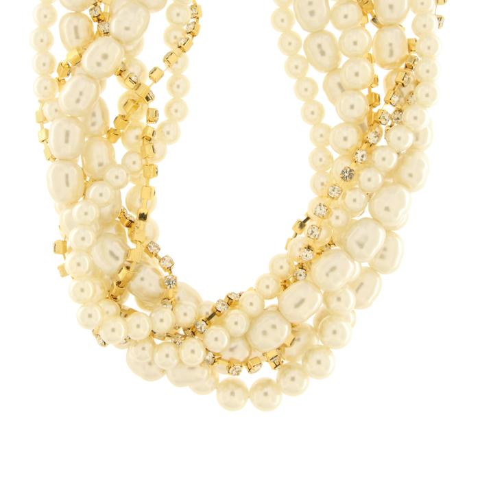 Multi-strand metal necklace woven with pearls and zircons