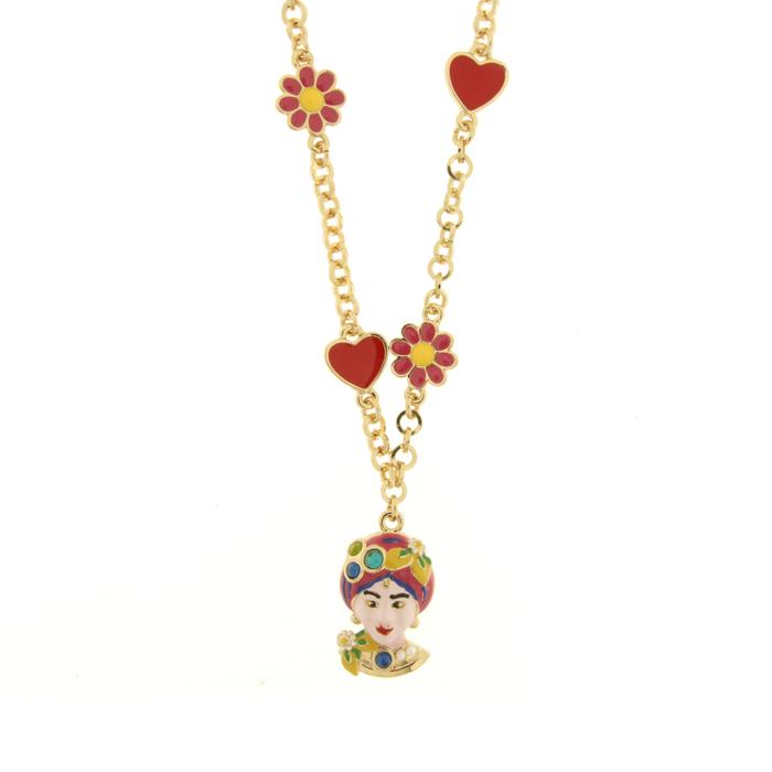 Collana in Metallo con Testa di Moro rosa cuori e fiori