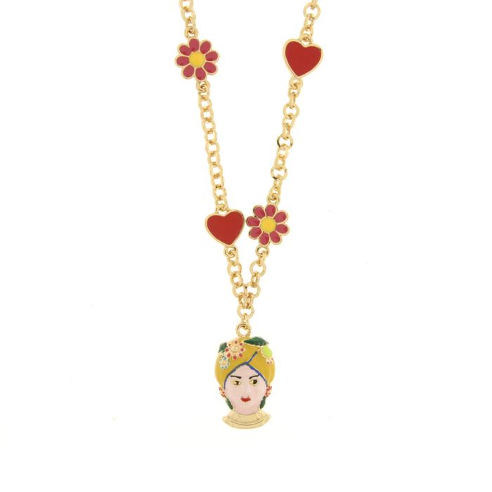 Collana in Metallo con Testa di Moro gialla cuori e fiori