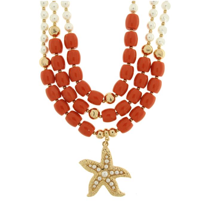 Collana in Metallo conchiglia con sfere rosse e bianche