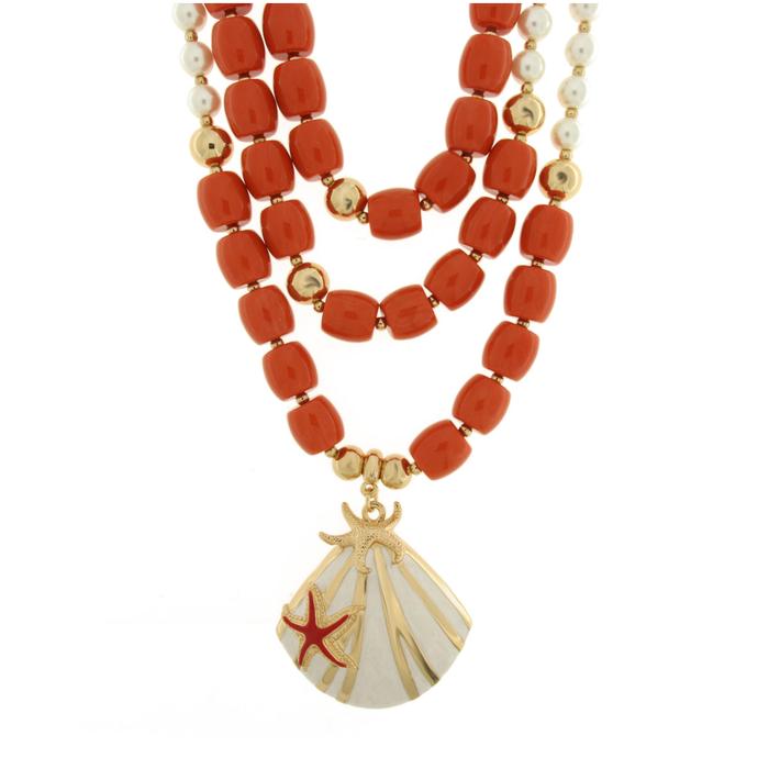 Collana in Metallo conchiglia con sfere rosse e bianche