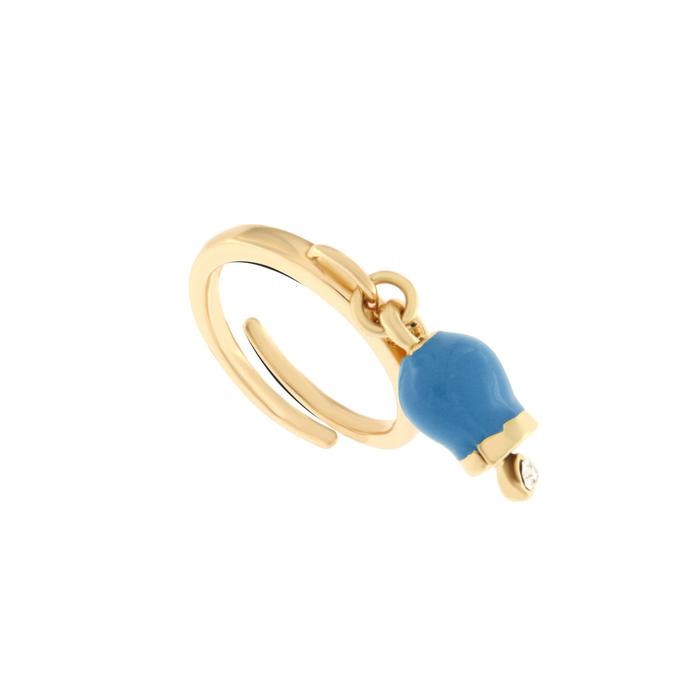 Metal ring with pendant lucky bell, embellished with enamel and light point