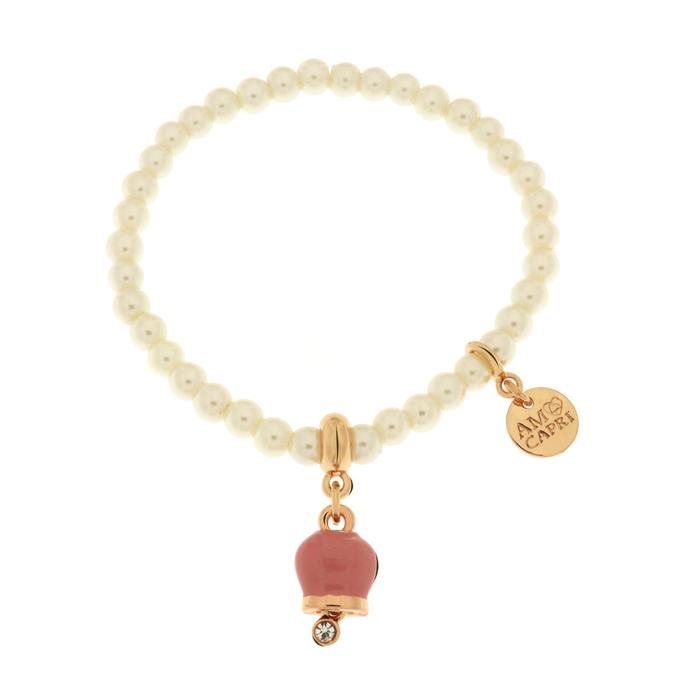 Bracelet en métal avec perles et clochette porte-bonheur en émail rose