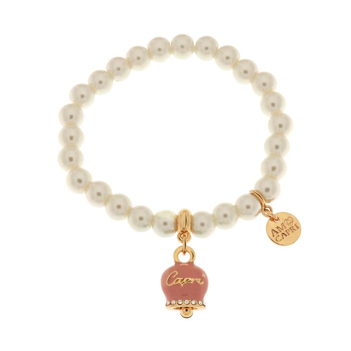 Bracelet en métal Bracelet en métal avec perles et grelot porte-bonheur en émail rose avec écriture Capri