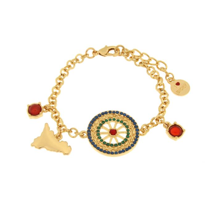 Bracelet en métal avec roue et Sicile avec cristaux verts et rouges