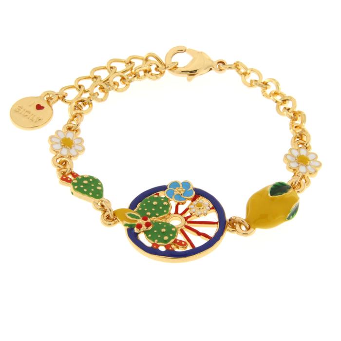 Bracelet en métal avec roue bleue ornée de cactus, citrons et fleurs