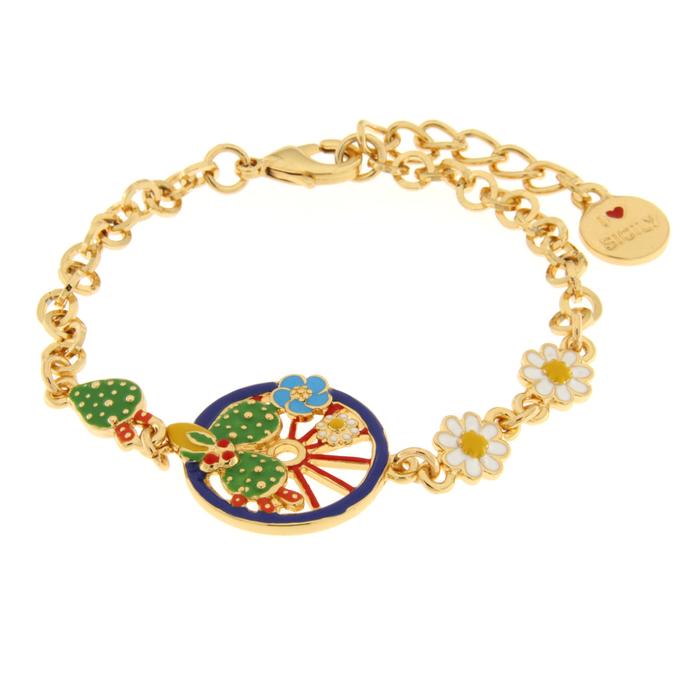 Bracelet en métal avec roue bleue ornée de cactus, citrons et fleurs