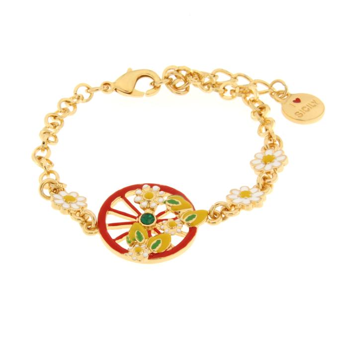 Bracelet en métal avec roue rouge ornée de citrons et de fleurs