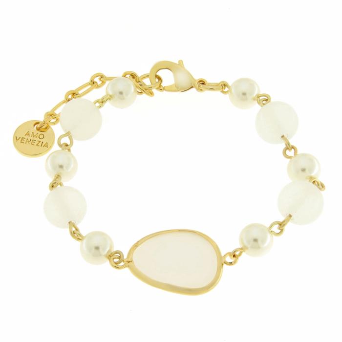 Metal Bracelet with White Pearls and Crystals