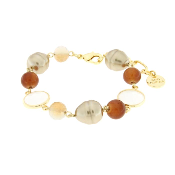 Metal Bracelet with Crystals and Brown Pearls