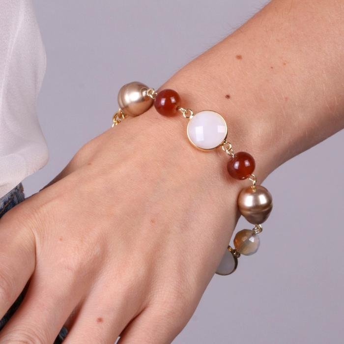 Metal Bracelet with Crystals and Brown Pearls