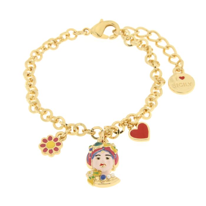 Bracciale in Metallo con testa di Moro rosa fiore e cuore