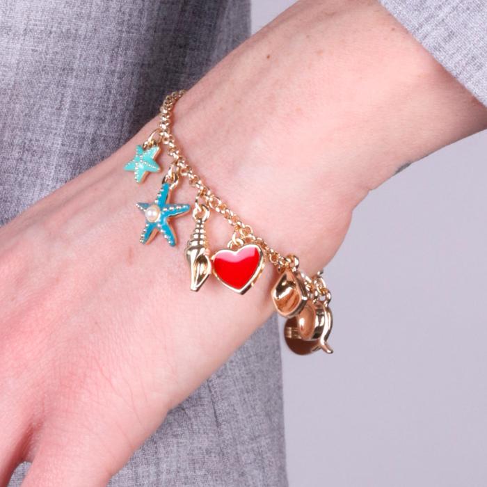 Bracciale in Metallo con cuore rosso, stelle marine, pesciolino e conchiglie