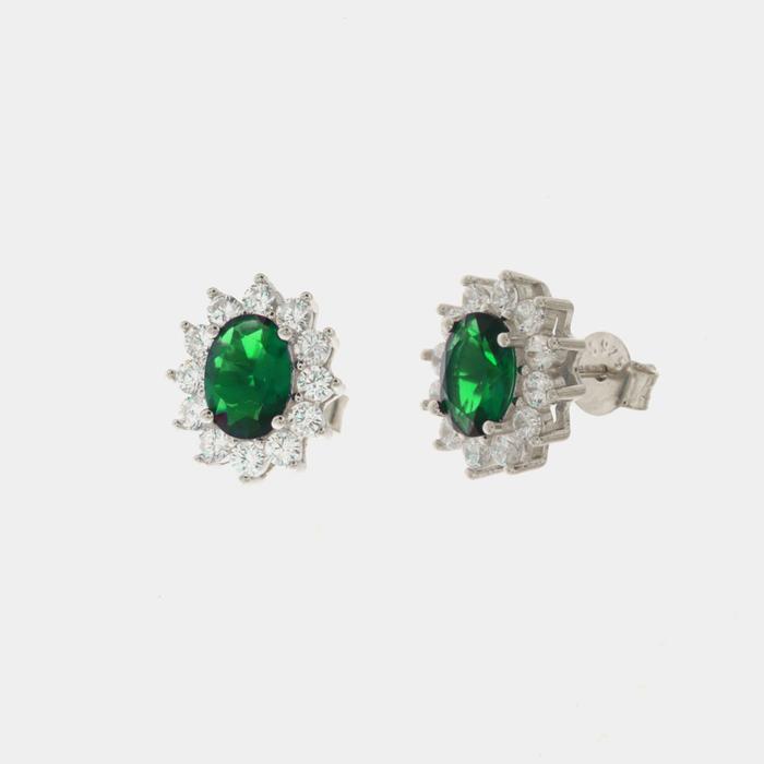 Orecchini in Argento 925 con zirconi bianchi e zircone centrale effetto verde smeraldo