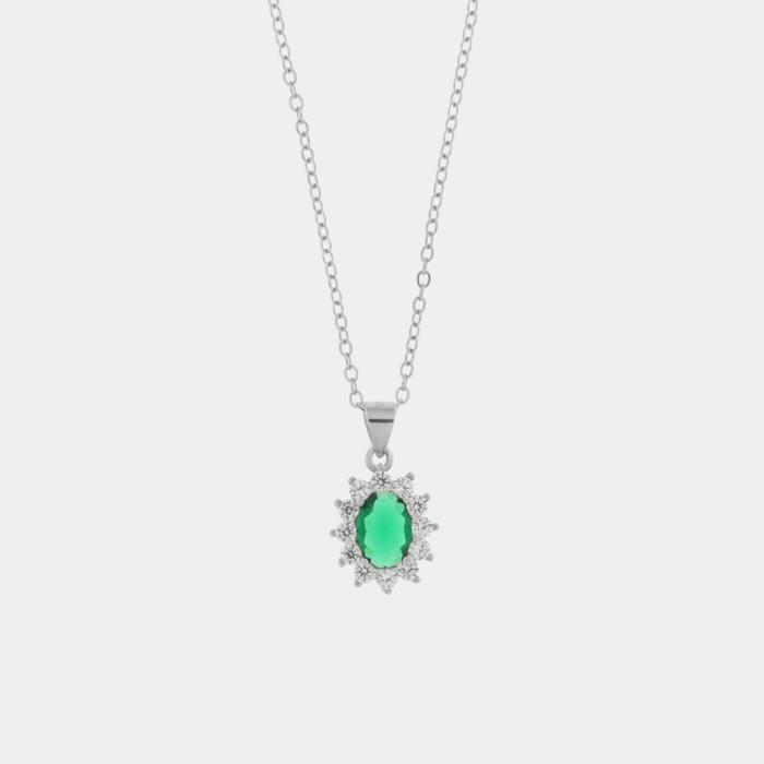Collana in Argento 925 con zirconi bianchi e zircone centrale verde