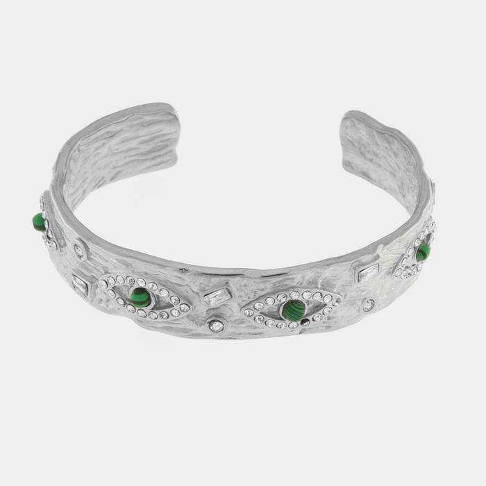 Bracelet semi-rigide en acier orné d'yeux verts