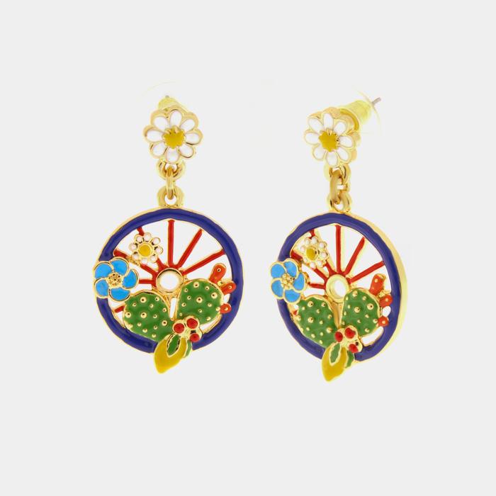 Boucles d'oreilles en métal avec roue bleue ornée de cactus, de citrons et de fleurs