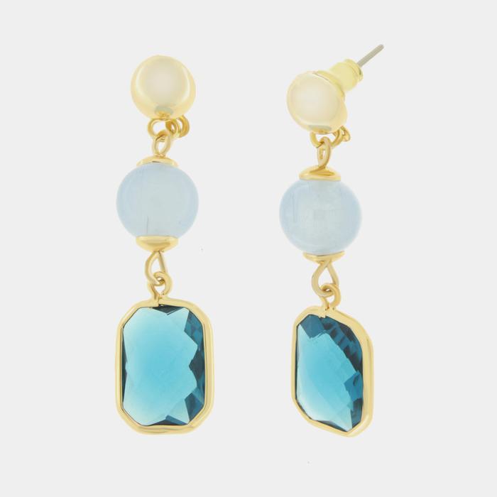 Boucles d'oreilles en métal avec cristal carré bleu et perle