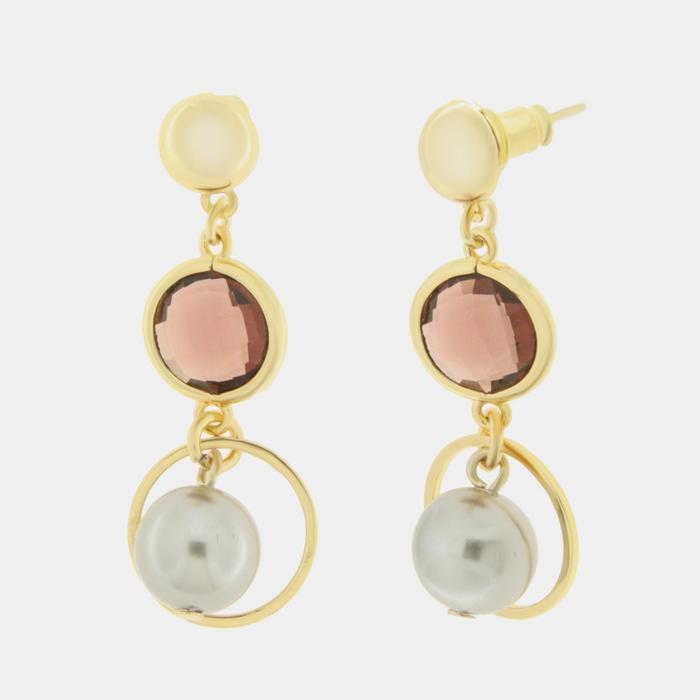 Boucles d'oreilles en métal et cristal marron avec pendentifs créoles et perles