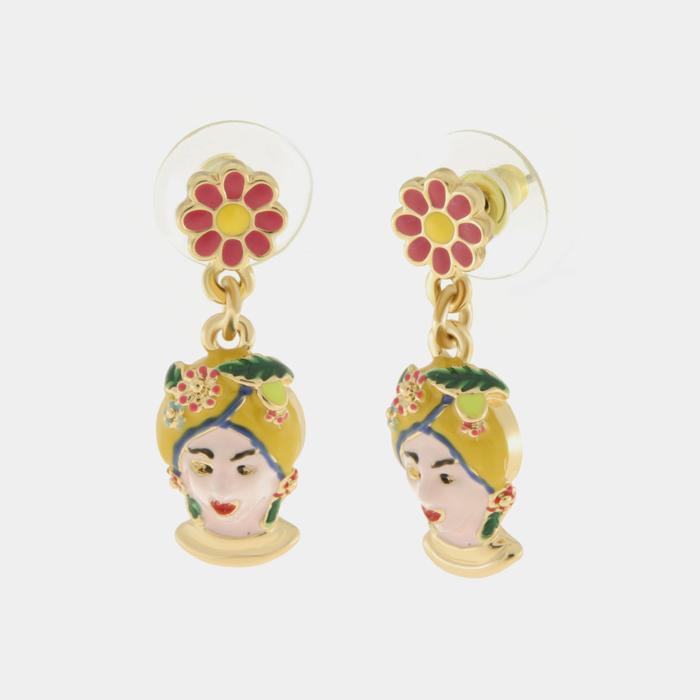 Orecchini in Metallo con Testa di Moro gialla e fiore