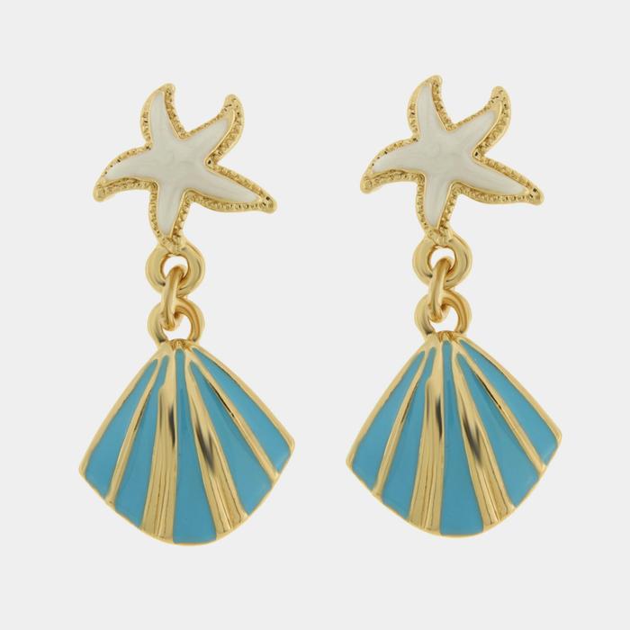 Orecchini in Metallo con conchiglia turchese e stella marina bianca a lobo