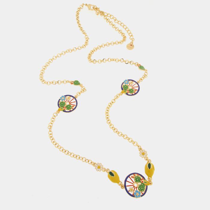 Collana in Metallo con ruote blu impreziosita da cactus, limoni e fiori
