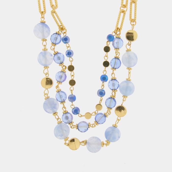 Collier multi-rangs en métal avec cristaux bleus