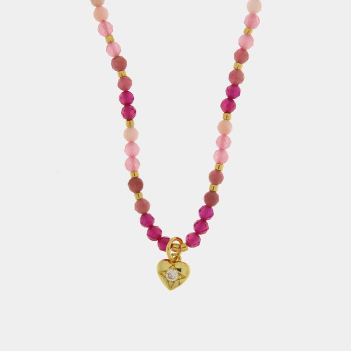 Collana in Metallo con pietre rosa e piccolo cuore