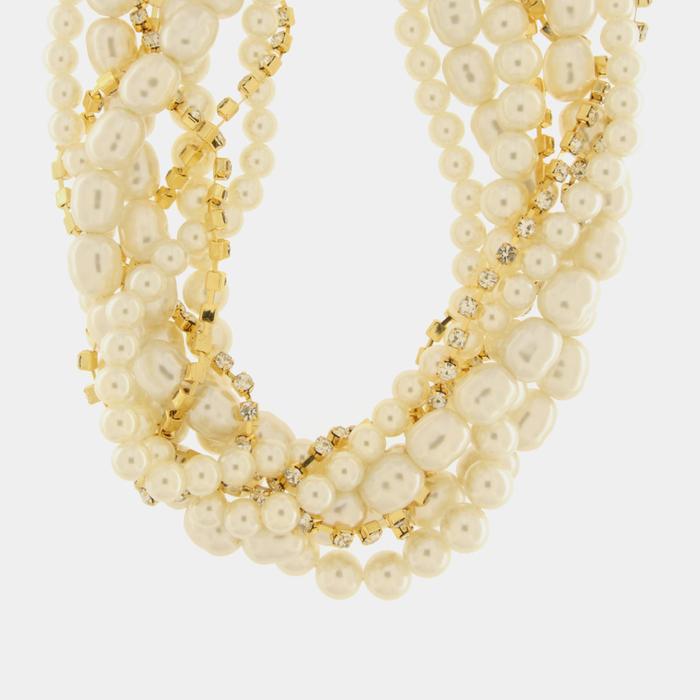 Multi-strand metal necklace woven with pearls and zircons