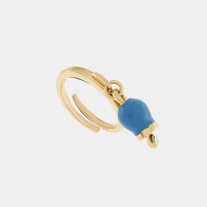 Metal ring with pendant lucky bell, embellished with enamel and light point