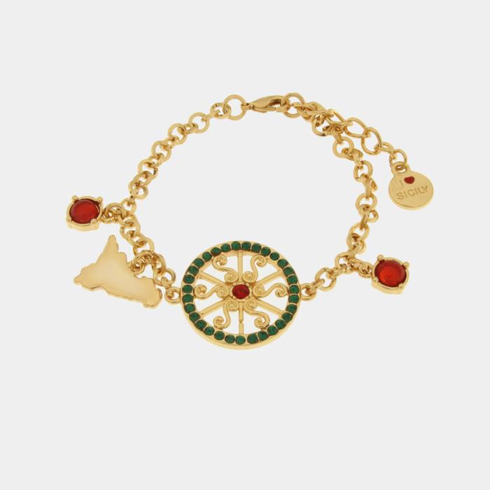 Bracciale in Metallo con ruota e Sicilia con cristalli verdi e rossi