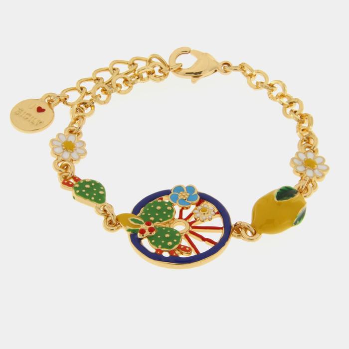 Bracelet en métal avec roue bleue ornée de cactus, citrons et fleurs