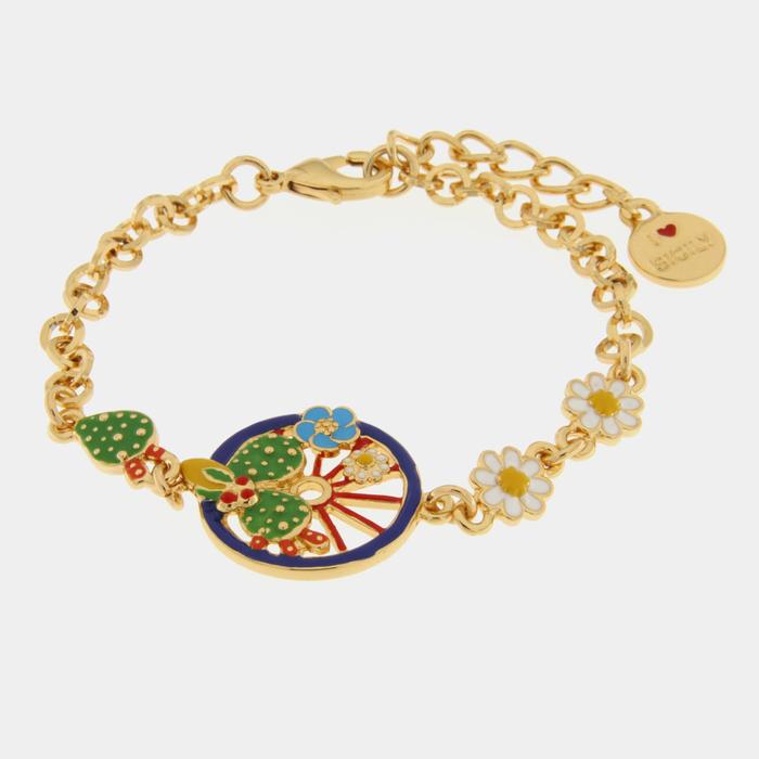 Bracelet en métal avec roue bleue ornée de cactus, citrons et fleurs