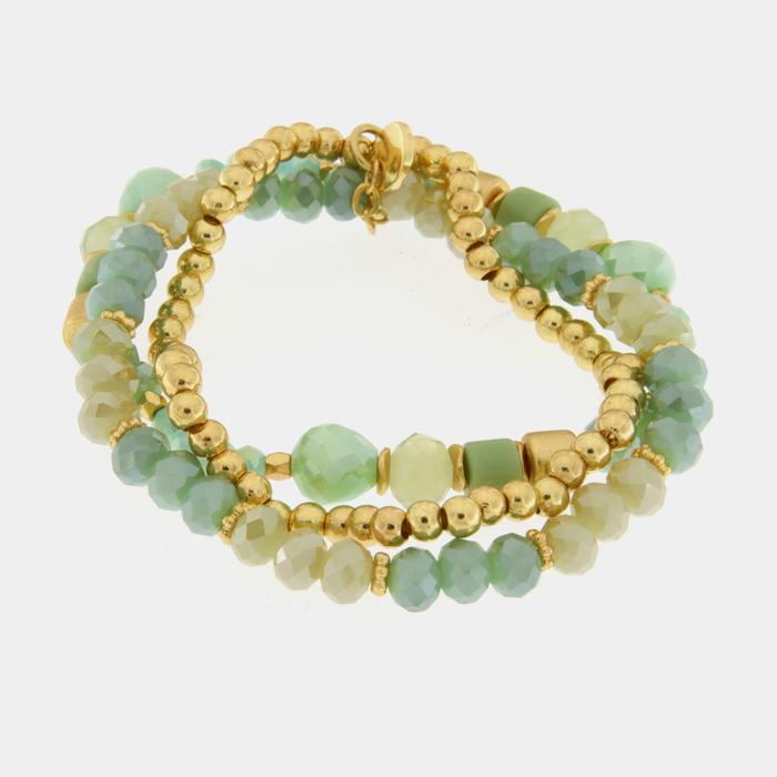 Bracelet multi-rangs en métal avec cristaux et pierres vertes