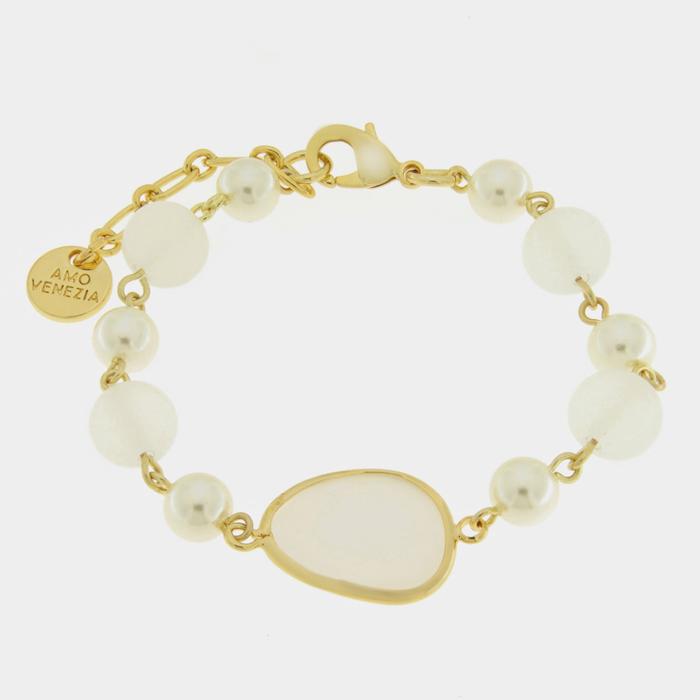 Metal Bracelet with White Pearls and Crystals