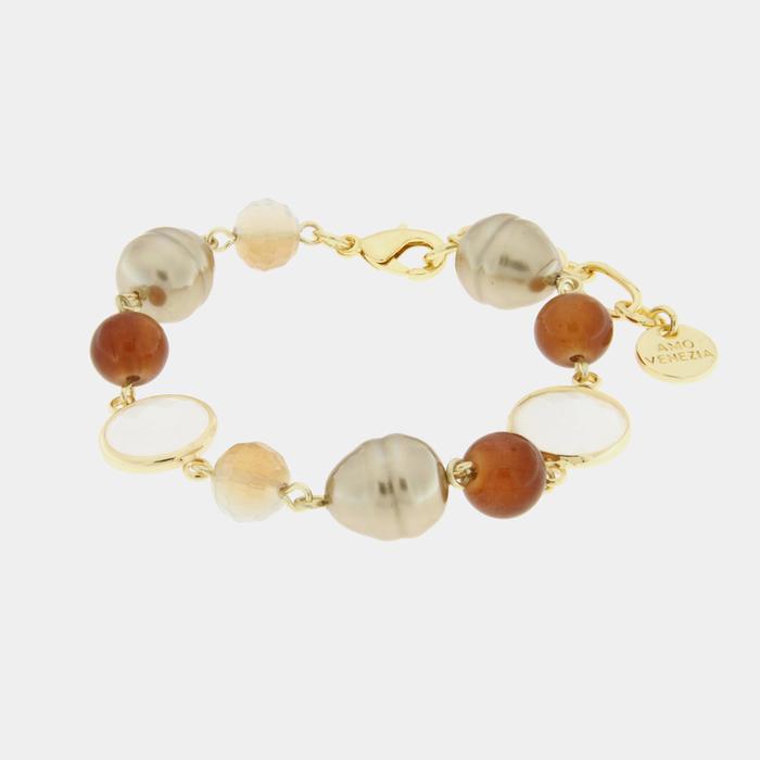 Metal Bracelet with Crystals and Brown Pearls