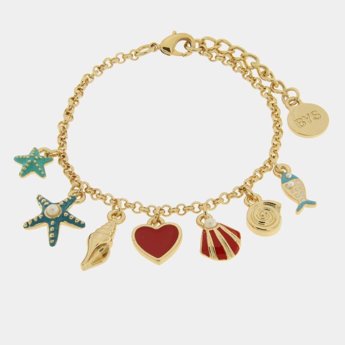 Bracciale in Metallo con cuore rosso, stelle marine, pesciolino e conchiglie
